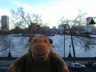 Mr Monkey looking across the Thames from the terrace of Somerset House