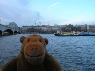 Mr Monkey looking at Somerset House from across the Thames