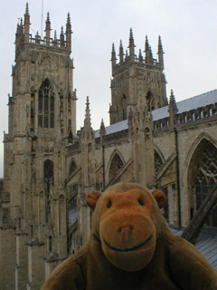 Mr Monkey looking at the west towers of York Minster