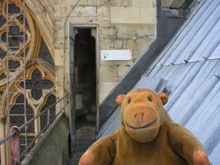 Mr Monkey looking at the narrow entrance to the central tower