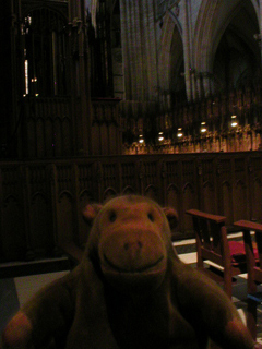 Mr Monkey looking at the choir stalls in the Quire
