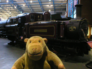 Mr Monkey looking at a Fairlie Patent narrow gauge engine