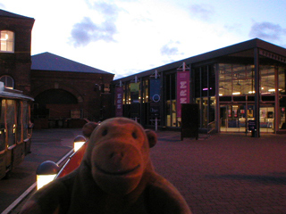 Mr Monkey outside the National Railway Museum at dusk