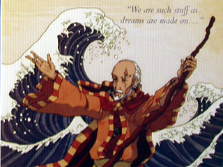 A manga version of Prospero with Hokusai's Great Wave