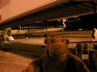 Mr Monkey walking away from his plane at Manchester airport
