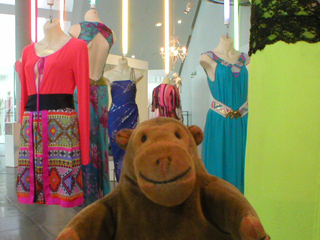Mr Monkey with a collection of dresses hanging from the ceiling