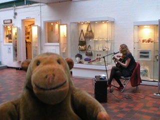 Mr Monkey watching Helen Bennison play her guitar