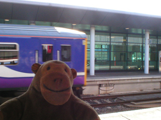 Mr Monkey watching a train stop at platform zero at Stockport