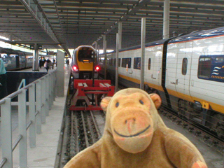 Mr Monkey looking at trains at St. Pancras station