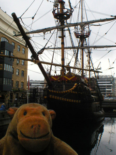 Mr Monkey looking at the prow of the Golden Hinde