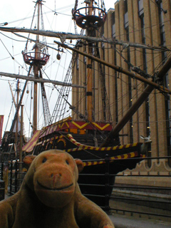 Mr Monkey looking at the prow of the Golden Hinde