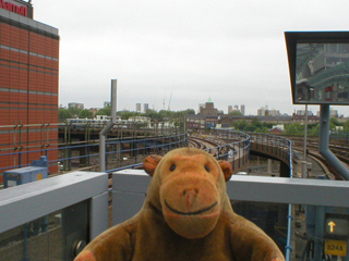 Mr Monkey looking towards London from West India Quay DLR station