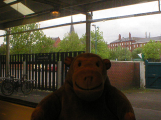 Mr Monkey looking out of the train at Chesterfield