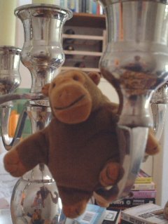 Mr Monkey on the arm of a candelabra