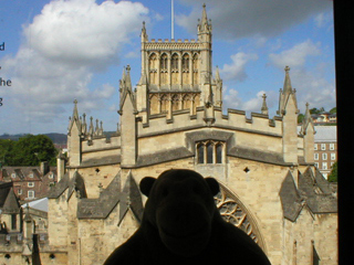 Mr Monkey looking at Bristol Cathedral from his hotel window
