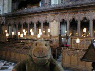 Mr Monkey looking around the choir of Bristol cathedral