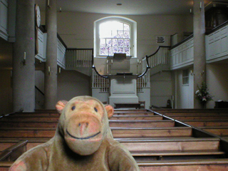 Mr Monkey looking at the main room of the Methodist Chapel