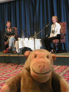 Mr Monkey watching Ann Cleeves interview Karin Fossum