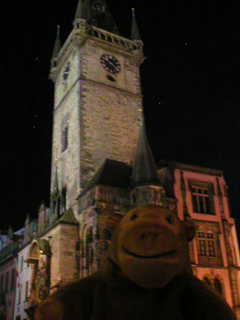 Mr Monkey looking at the Old Town Hall at night