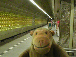 Mr Monkey on the platform at Můstek metro station