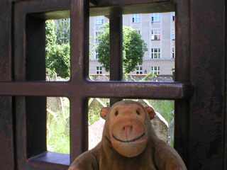 Mr Monkey looking through a gate into the Old Jewish Cemetery