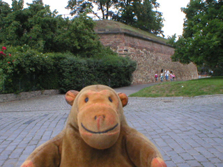 Mr Monkey looking at the walls of the Vyšehrad fortress