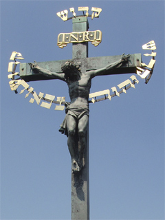 The 17th century wooden crucifix on Charles Bridge
