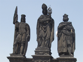 The statues of Saints Norbert, Wenceslas and Sigismund on Charles Bridge