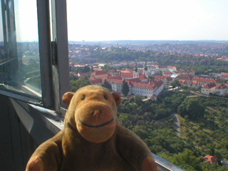 Mr Monkey looking at the Strahov Monastery from the Observation Tower