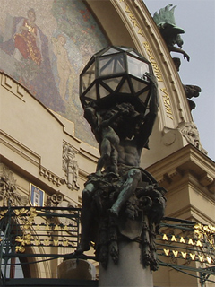 An ornate lamp standard on the Municipal House