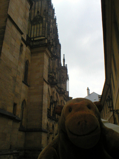 Mr Monkey walking along the north side of the cathedral