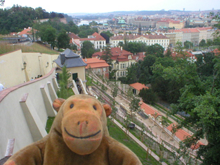 Mr Monkey looking at the zig zag path below the castle