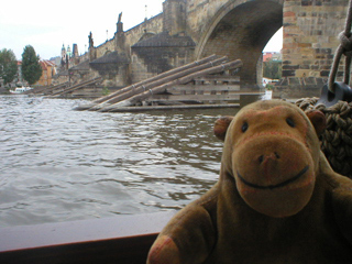 Mr Monkey looking at an anti-icing barrier in front of the Charles Bridge