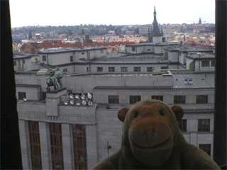 Mr Monkey looking at the roof of the National Bank