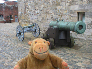 Mr Monkey looking at cannon in the courtyard