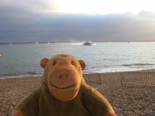 Mr Monkey looking at a hovercraft in the distance