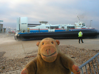 Mr Monkey watching a hovercraft getting ready to leave Southsea