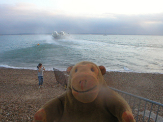 Mr Monkey being sprayed with sea by the hovercraft