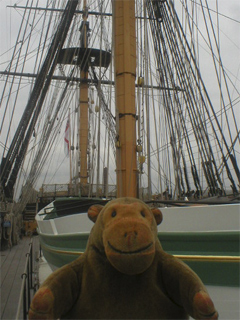 Mr Monkey looking up at the masts of HMS Victory