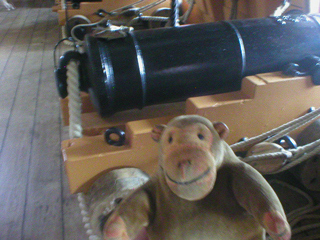 Mr Monkey looking at a 24 pounder on the middle gun deck