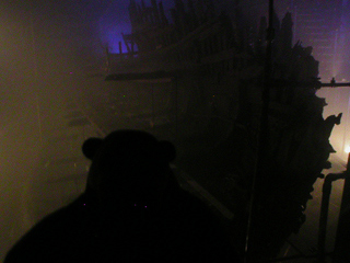 Mr Monkey looking at the Mary Rose from the stern