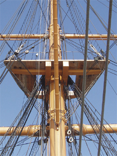The fighting top on one of the masts of HMS Warrior