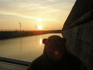 Mr Monkey looking at the sun setting over the moat