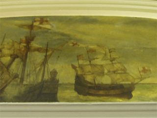 A panel showing English ships fighting the Spanish Armada