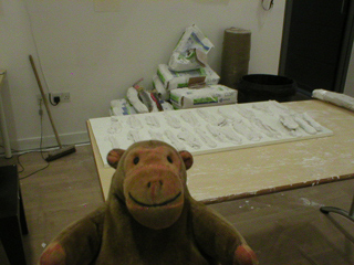 Mr Monkey looking at Philippa Hadley Choy's workbench
