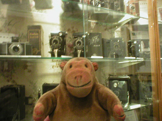 Mr Monkey looking at a collection of compact cameras