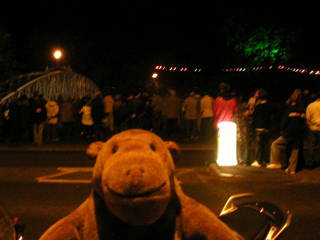 Mr Monkey watching people waiting for fireworks in Matlock Bath