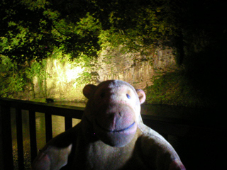 Mr Monkey looking at an illuminated cliff-face