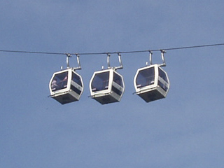 A set of three cable cars crossing the gorge 