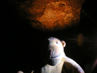Mr Monkey looking at a miner's mark in the Great Masson cavern